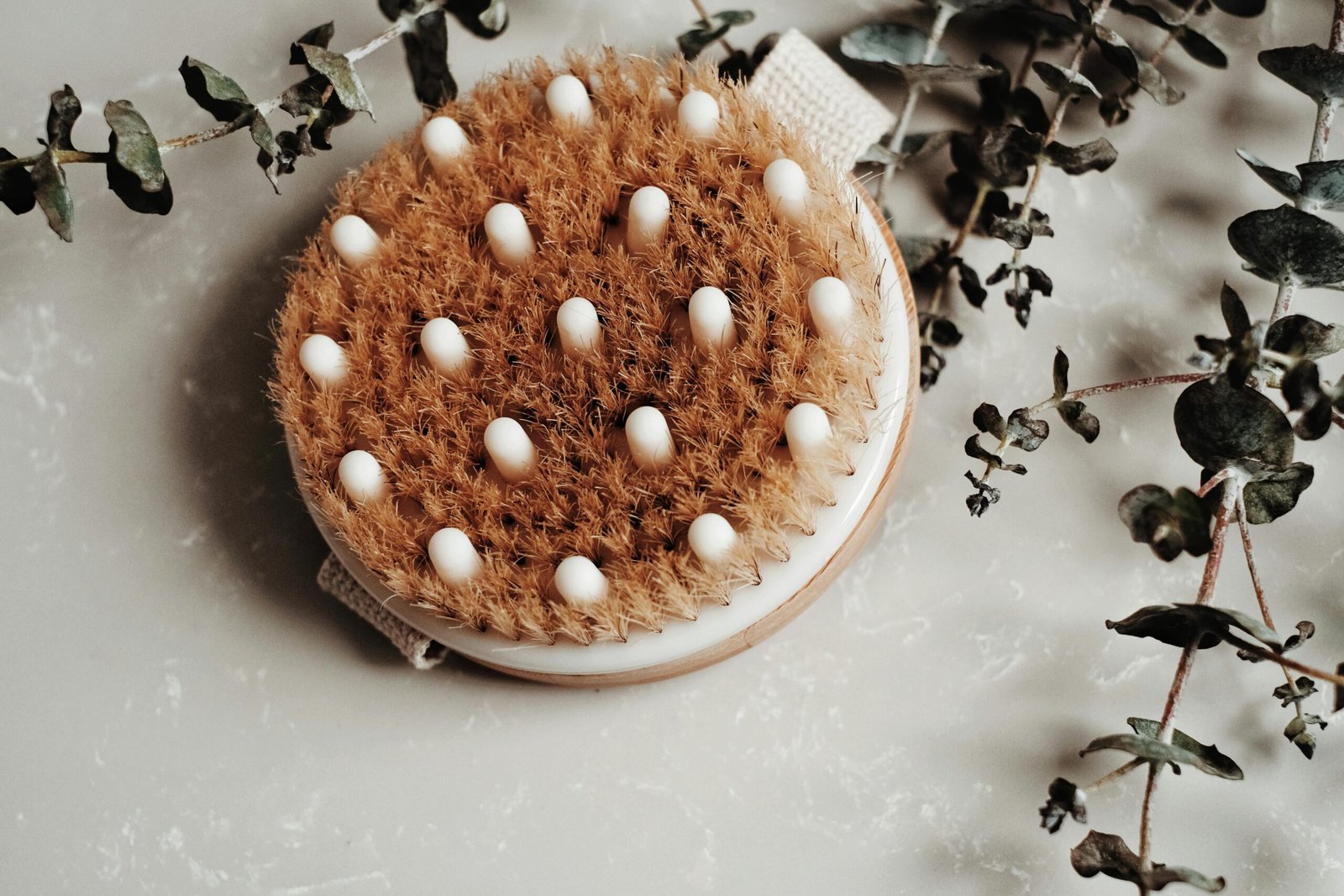 Close-up of a handmade eco-friendly dry body brush surrounded by green twigs.